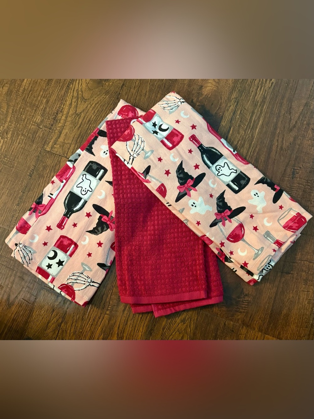 NEW 3 - Casaba Pink Halloween Kitchen Dish Tea Hand Towels Wine & Witch Hats